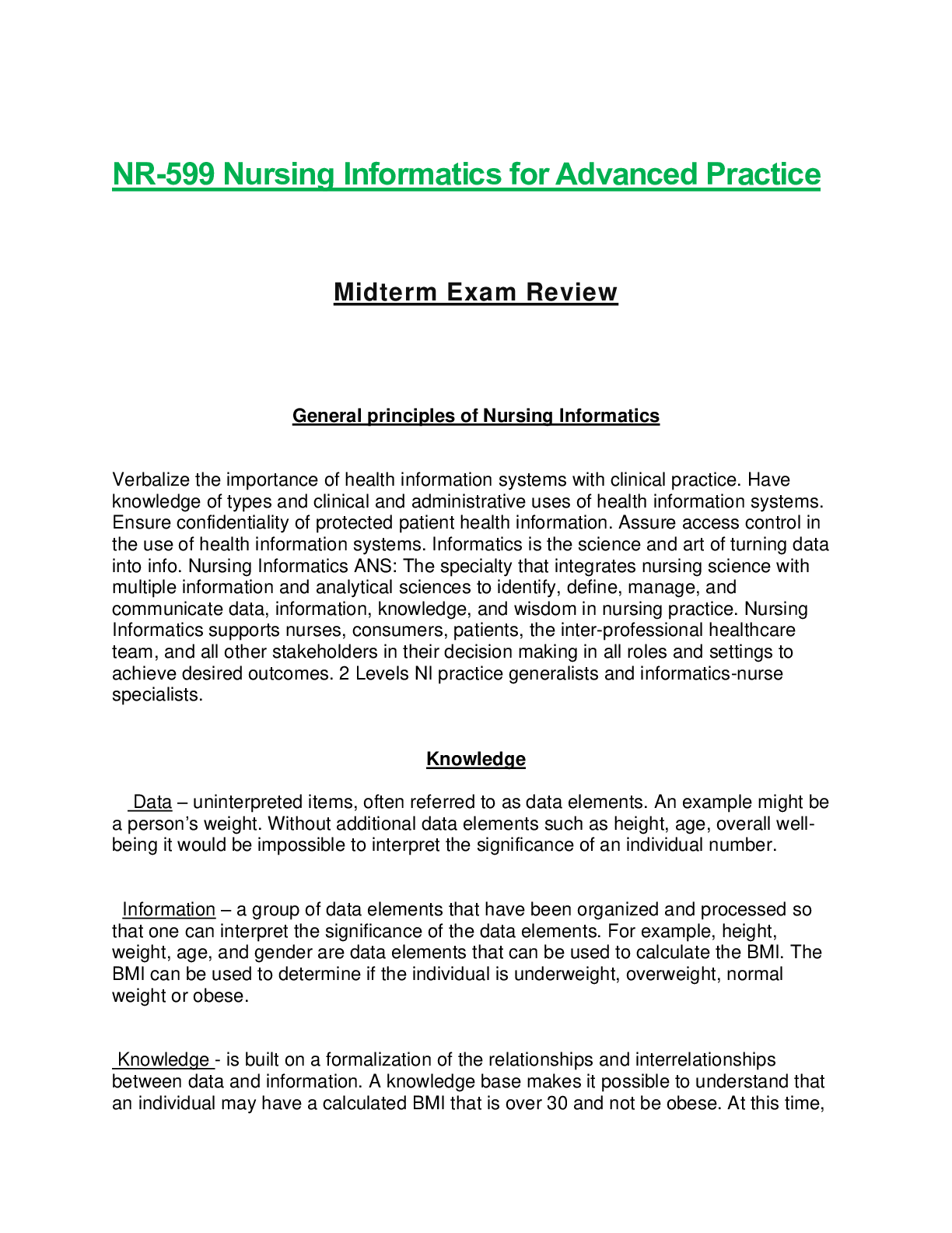 Preview of NR 599 / NR599 Nursing Informatics for Advanced Practice Midterm Exam Study Guide (Latest
